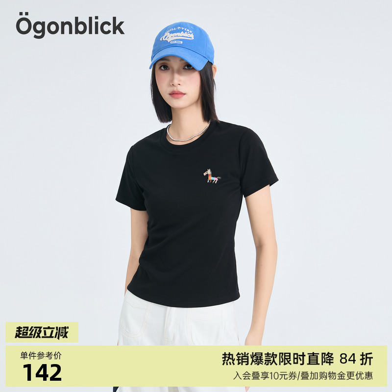 小马刺绣黑色T恤女2025年夏季