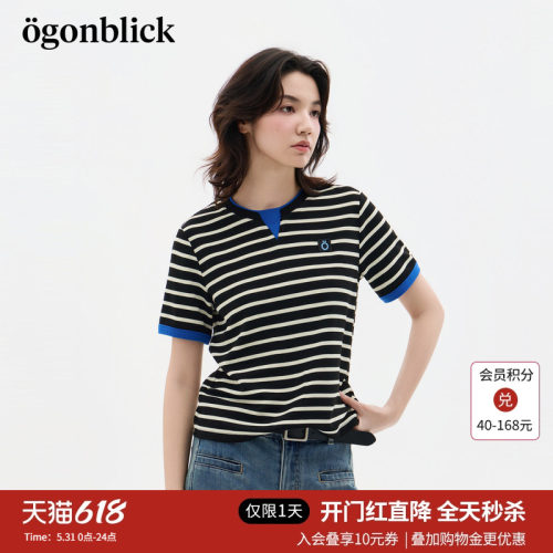 北欧时刻 黑白条纹短袖T恤女2026年夏季新款撞色拼接圆领休闲上衣