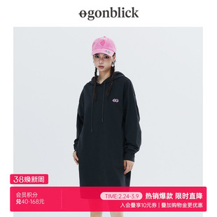 北欧时刻主题小熊绣花卫衣裙连帽长袖休闲连衣裙宽松纯色中长裙女