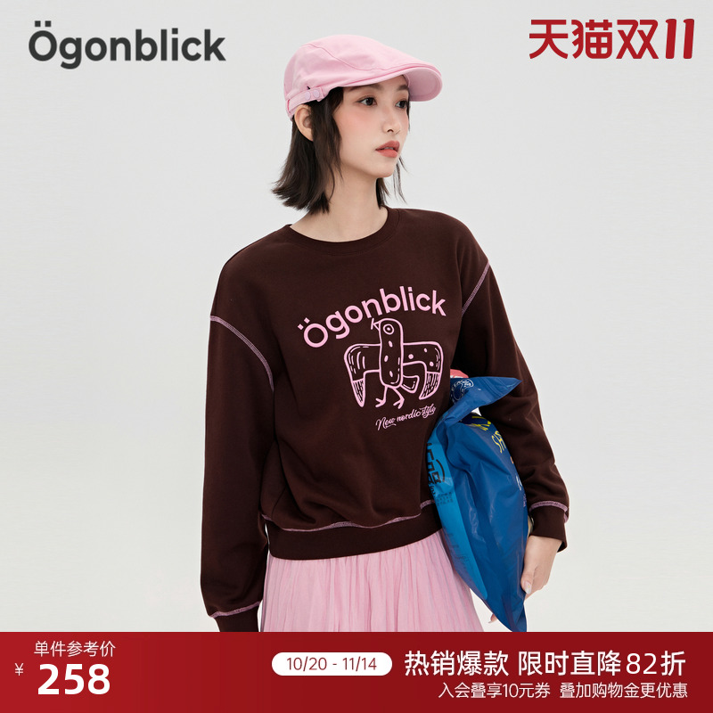 商场同款北欧时刻燕子印花撞色设计感卫衣女25年秋季新款落肩上衣