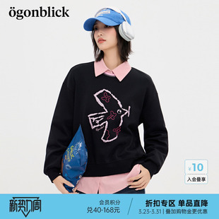 商场同款 不规则圆领上衣 北欧时刻燕子刺绣撞色卫衣女25年秋冬新款