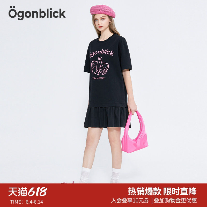北欧时刻2026年夏季新款女趣味印花拼接假两件短袖黑色连衣裙短裙