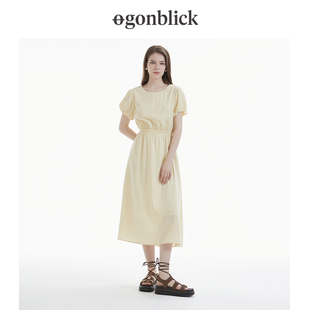 [商场同款]北欧时刻2026夏季新款气质纯色泡泡袖连衣裙收腰裙子女