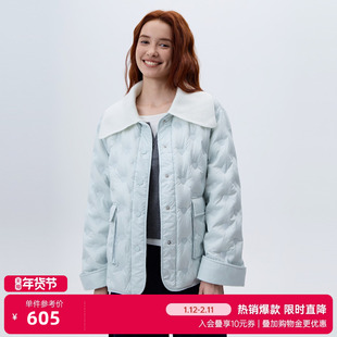 北欧时刻黑色针织撞色拼接翻领羽绒服女25冬季新款压花面包服外套