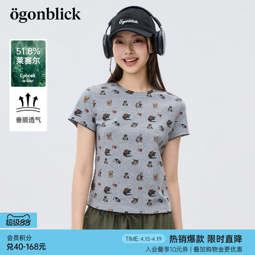 商场同款;北欧时刻萌宠印花T恤女26年夏季新款莱赛尔花边短袖上衣