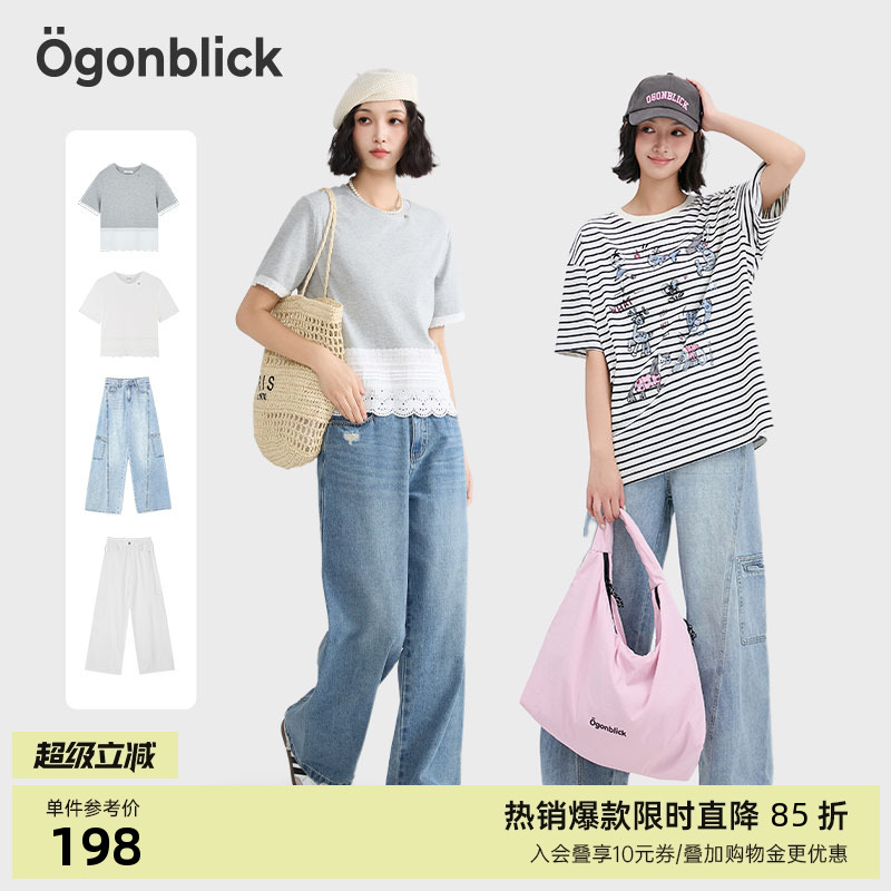 镂空蕾丝花边撞色拼接T恤