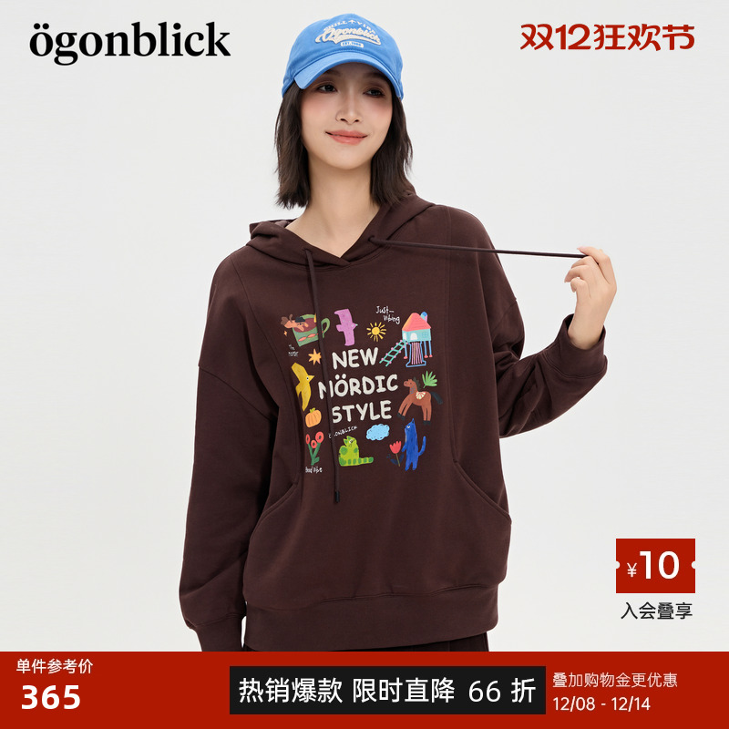 商场同款北欧时刻趣味动植物印花连帽卫衣女25年秋冬新款休闲上衣