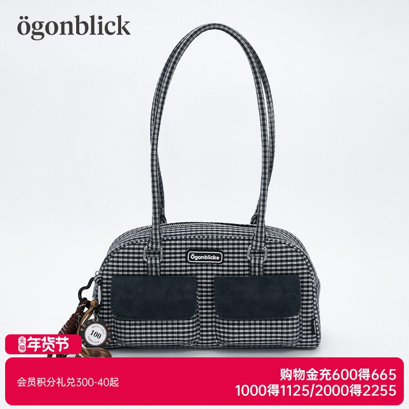北欧时刻格纹保龄球单肩包女小众设计感大容量学院风便携手提包包,箱包皮具/热销女包/男包,单肩包,淘宝优惠券,粉丝福利购,淘宝优惠卷