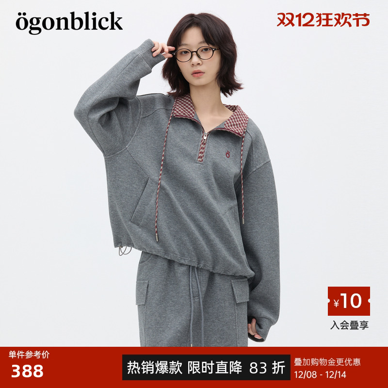 商场同款北欧时刻格子撞色刺绣翻领卫衣女25年秋季新款小个子上衣