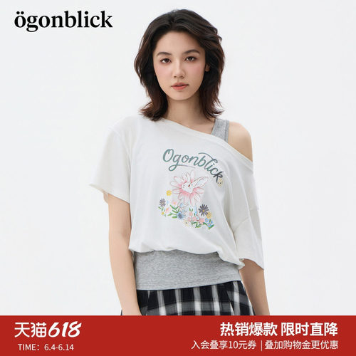 北欧时刻'萌趣字母兔子印花假两件露肩T恤女26夏季新款莱赛尔上衣