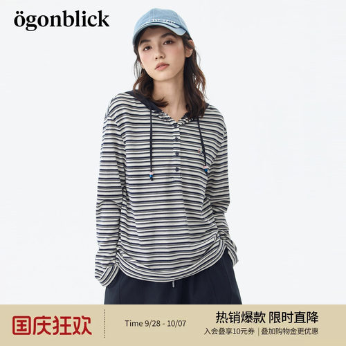 北欧时刻 撞色拼接连帽条纹莱赛尔T恤女26年秋季新款宽松休闲上衣