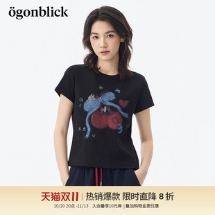 商场同款北欧时刻 燕子刺绣印花T恤女26年夏季新款修身显瘦短上衣