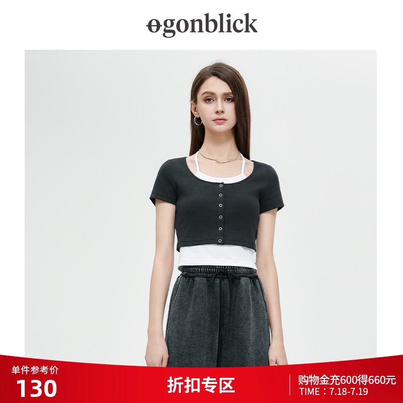 北欧时刻美式辣妹假两件短袖