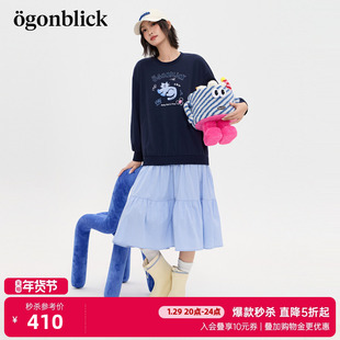 商场同款北欧时刻潮酷猫咪印花卫衣拼接格纹连衣裙女春季新款裙子