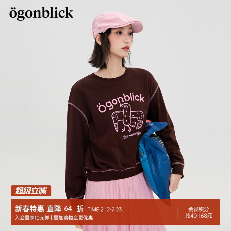 商场同款北欧时刻燕子印花撞色设计感卫衣女25年秋季新款落肩上衣