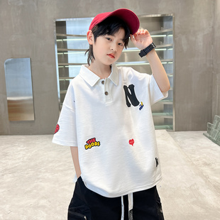 中大童学生宽松休闲百搭上衣 2026新款 男童白色POLO领短袖 T恤夏季