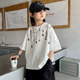 衫 男童字母纯棉短袖 中大童学生宽松圆领休闲半袖 2026新款 T恤夏季