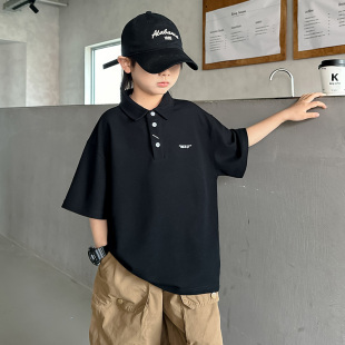 中大童学生休闲帅气宽松半袖 男童夏季 黑色2026新款 POLO衫 T恤 短袖