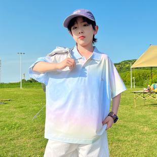 男童夏季渐变POLO领短袖T恤2026新款中大童宽松休闲潮酷百搭上衣