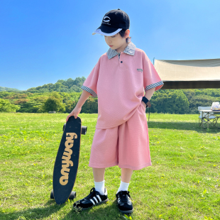 男童夏季休闲套装粉色短袖短裤两件套2026新款帅气时尚运动套装潮