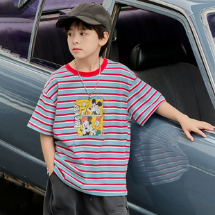 中大童学生纯棉宽松圆领米奇半袖 2026新款 潮 T恤夏季 男童条纹短袖