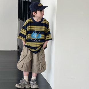 中大童学生圆领休闲帅气百搭潮t套装 条纹T恤2026新款 短袖 男童夏季