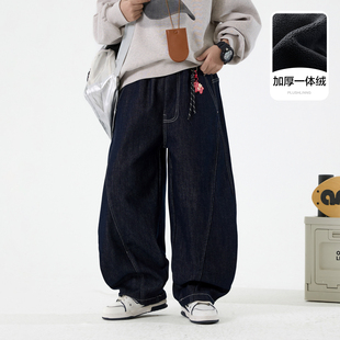 男童冬季潮酷加绒弯刀直筒牛仔裤2025新款青少年儿童加厚阔腿裤子
