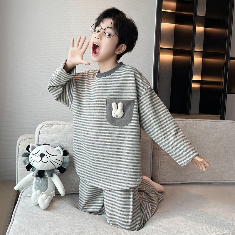 男童德绒条纹睡衣套装春秋冬季2025新款青少年休闲长袖保暖家居服