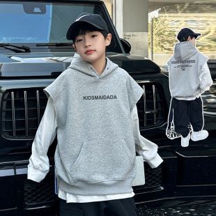 男童连帽无袖卫衣春秋2026新款中大童学生宽松休闲上衣帅气马甲潮