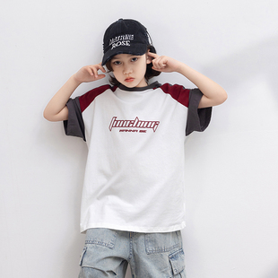 中大童学生拼色圆领宽松休闲半袖 2026新款 潮 T恤夏季 男童纯棉短袖