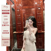 热狗很辣 翩翩蝶舞 荷叶边一字肩露肩短袖 Hotdog 显瘦修身 上衣