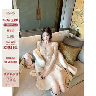 Hotdog 热狗很辣【天鹅秘境】鱼骨系带收腰长袖连衣裙蕾丝短裙子