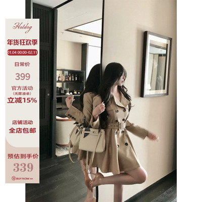 卡其双排扣外套+腰带女