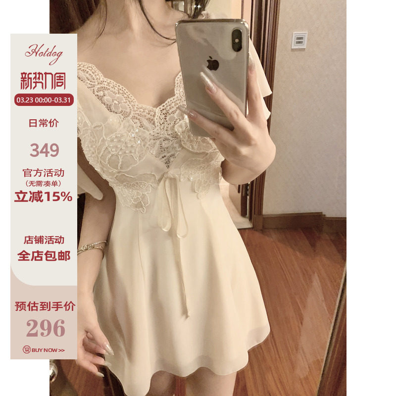 Hotdog 热狗很辣【春野信子】蕾丝V领雪纺连衣裙女纯欲小性感裙子