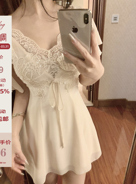 Hotdog 热狗很辣【春野信子】蕾丝V领雪纺连衣裙女纯欲小性感裙子