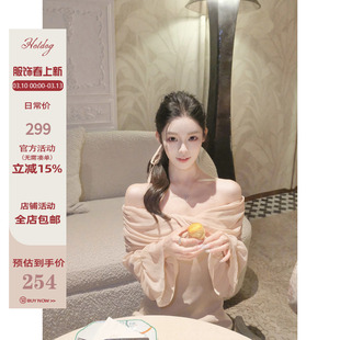 Hotdog 热狗很辣【晨露蔷薇】纯欲风法式一字肩露肩收腰连衣裙女