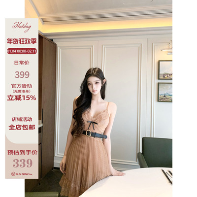 两色蝴蝶结连衣裙+腰带