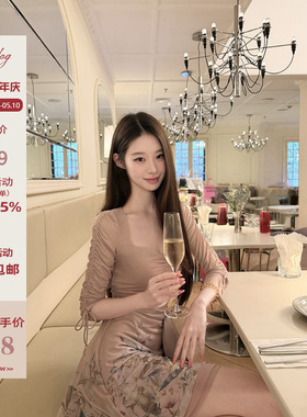 Hotdog 热狗很辣【烟粉花叙】抽绳袖烟粉连衣裙+绑带女夏新款短裙