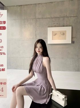 Hotdog 热狗很辣【浪漫紫岛】高级感优雅气质紫色削肩绑带连衣裙