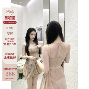 Hotdog 热狗很辣【娇贵小猫】裸粉色网纱褶皱连衣裙子女气质短裙