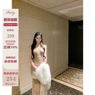 高级感V领挂脖修身 月下花簇 显瘦蕾丝连衣裙女 热狗很辣 Hotdog