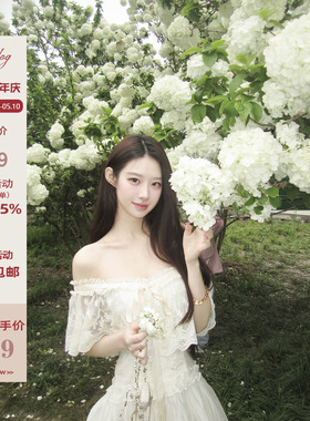 Hotdog 热狗很辣【甜氧悸动】温柔气质一字肩蕾丝连衣裙子女短裙