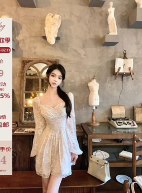 Hotdog 热狗很辣【月漫花蕾】温婉优雅气质白色长袖收腰连衣裙女