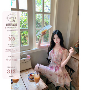 Hotdog 热狗很辣【  月下牡丹浮云生】绑带碎花连衣裙子女