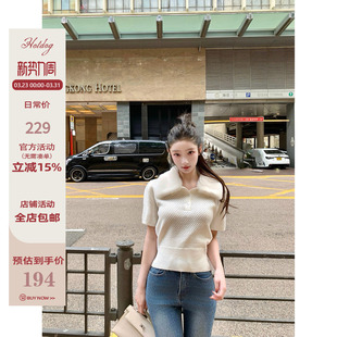 毛毛领短款 北欧周末 镂空针织T恤女打底上衣 热狗很辣 Hotdog