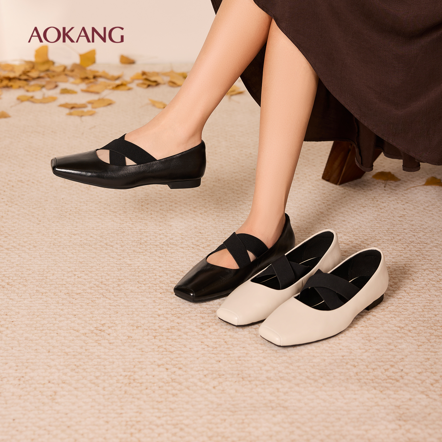 奥康 女鞋2025秋季新款法式晚风单鞋低跟复古芭蕾舞鞋女