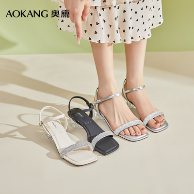 奥康 女鞋2025夏季凉鞋时尚一字带气质水钻约会水晶粗跟凉拖