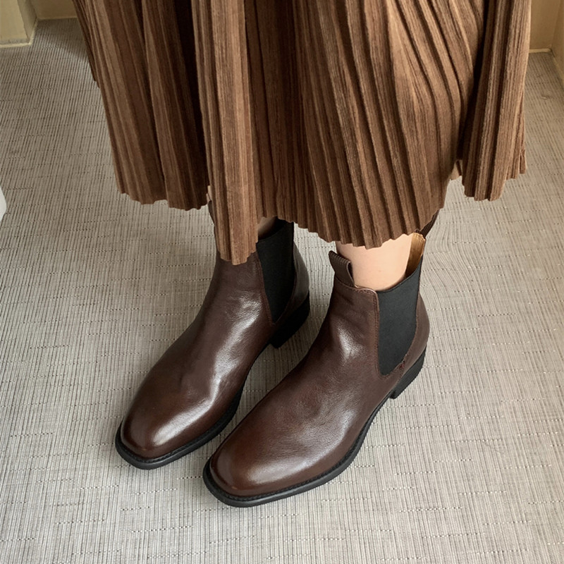 WASHED TIRE COWHIDE CHELSEA BOOTS BRITISH STYLE RETRO AUTUMN AND WINTER BROWN LEATHER RETRO SMALL SQUARE TOE HANDMADE BOOTIES WOMEN