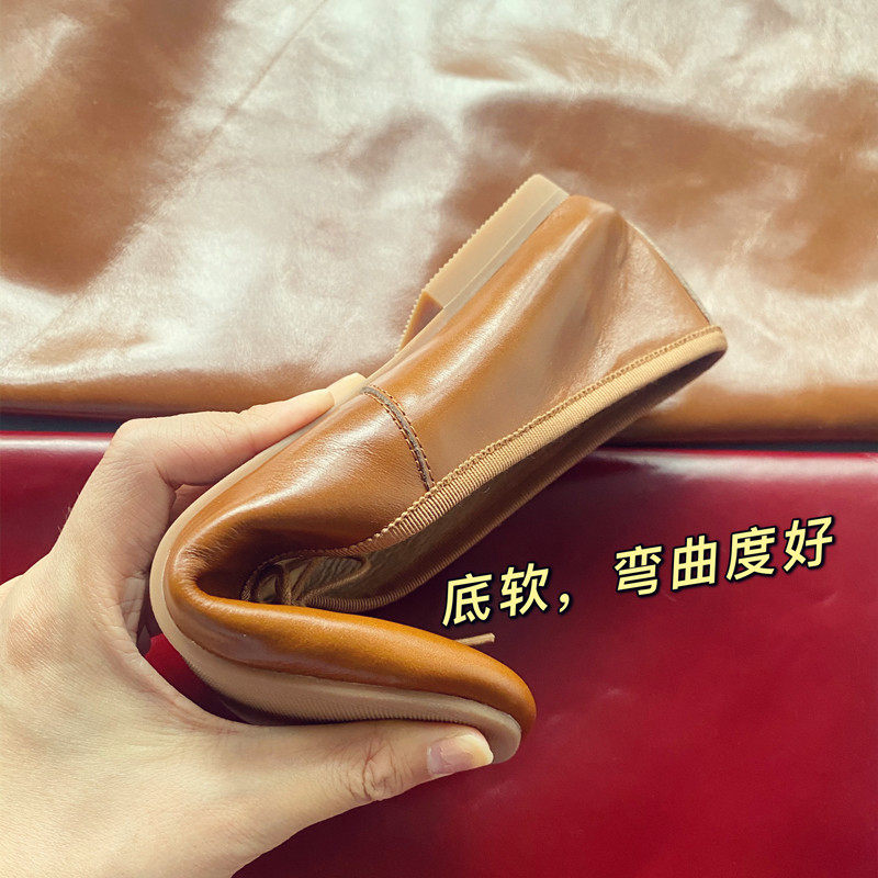 BOWKNOT LEATHER BALLET SHOES BROWN SHALLOW MOUTH FRENCH SMALL SQUARE ROUND TOE HANDMADE LACE SOFT LEATHER WOMENS SHOES