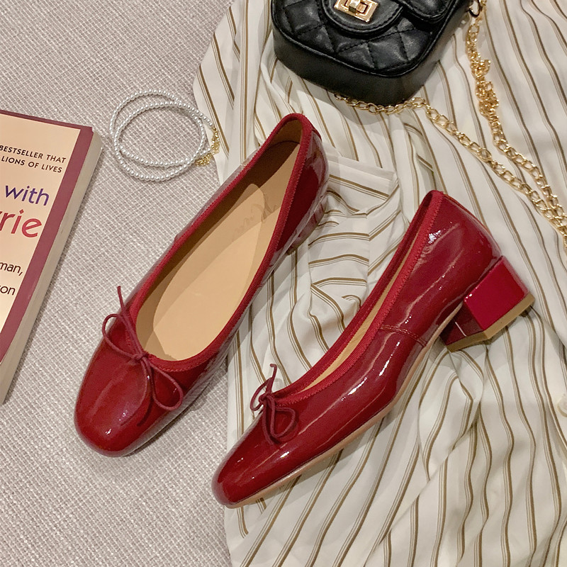 BOW BALLET SHOES LEATHER PATENT LEATHER SOFT SOLE LACE ADJUSTABLE FRENCH SMALL SQUARE ROUND TOE PURE HANDMADE SINGLE SHOE WOMEN